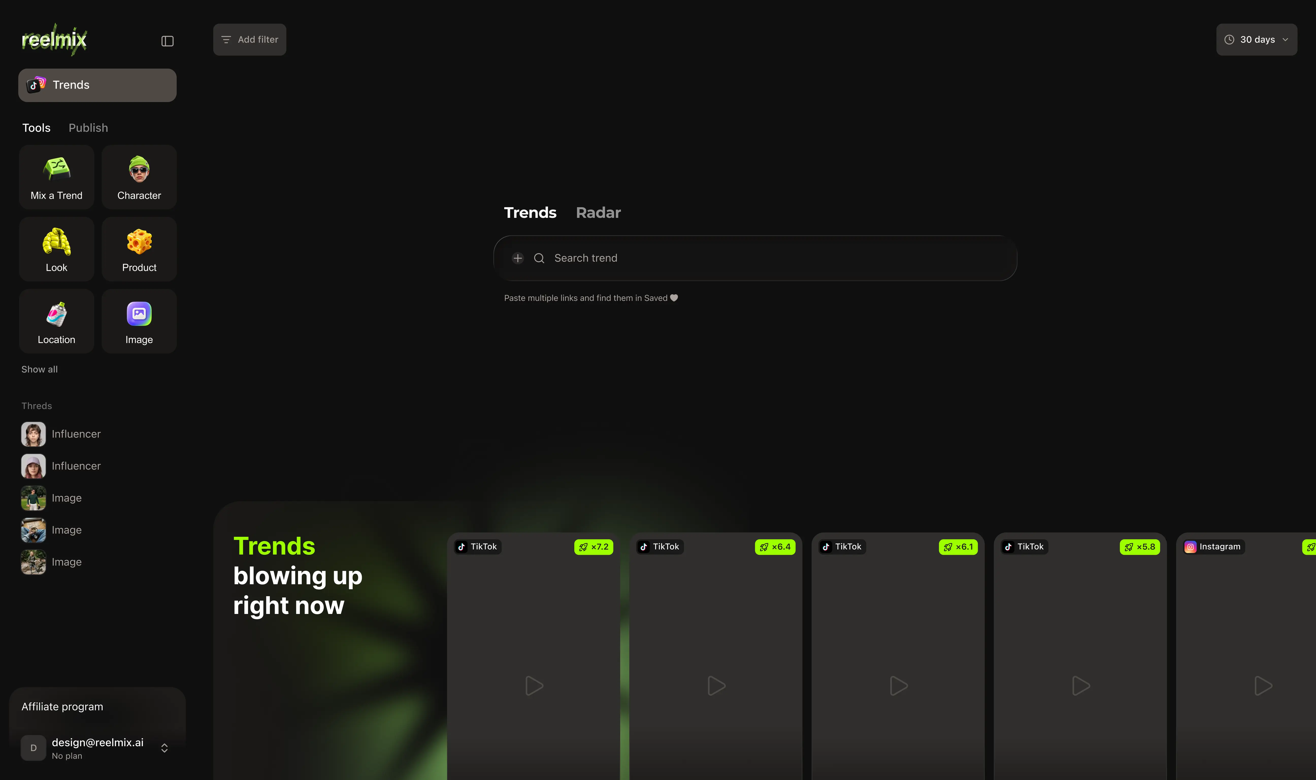 RealMix Trends interface with discovery tools and trending videos